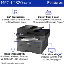 Brother MFC-L2820DW XL Wireless Compact Monochrome All-in-One Laser Printer with up to 4,200 pages of toner included