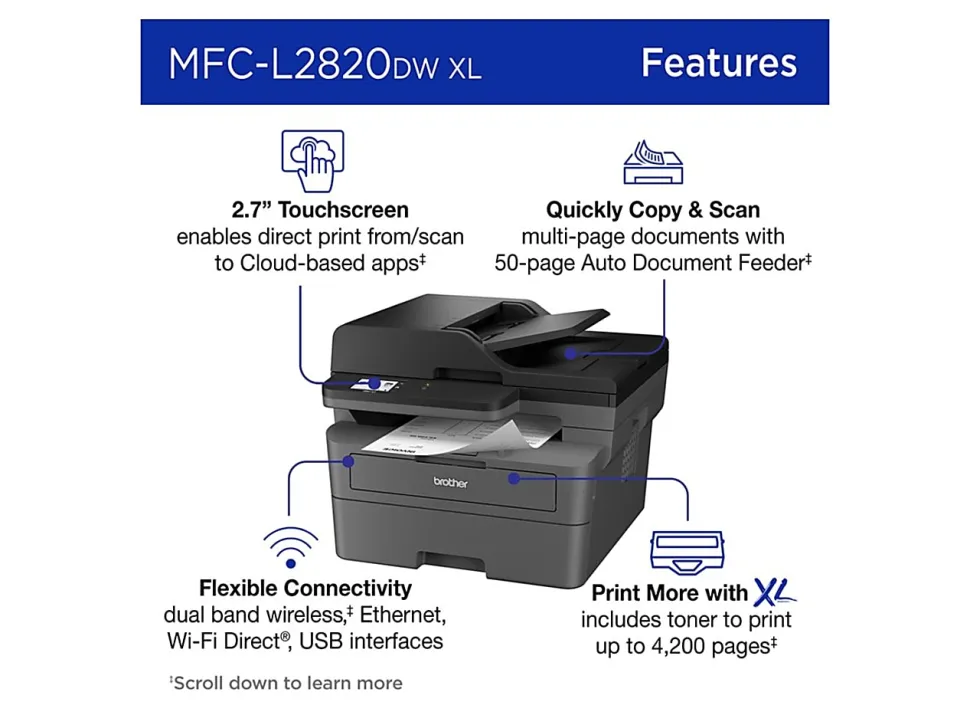Brother MFC-L2820DW XL Wireless Compact Monochrome All-in-One Laser Printer with up to 4,200 pages of toner included