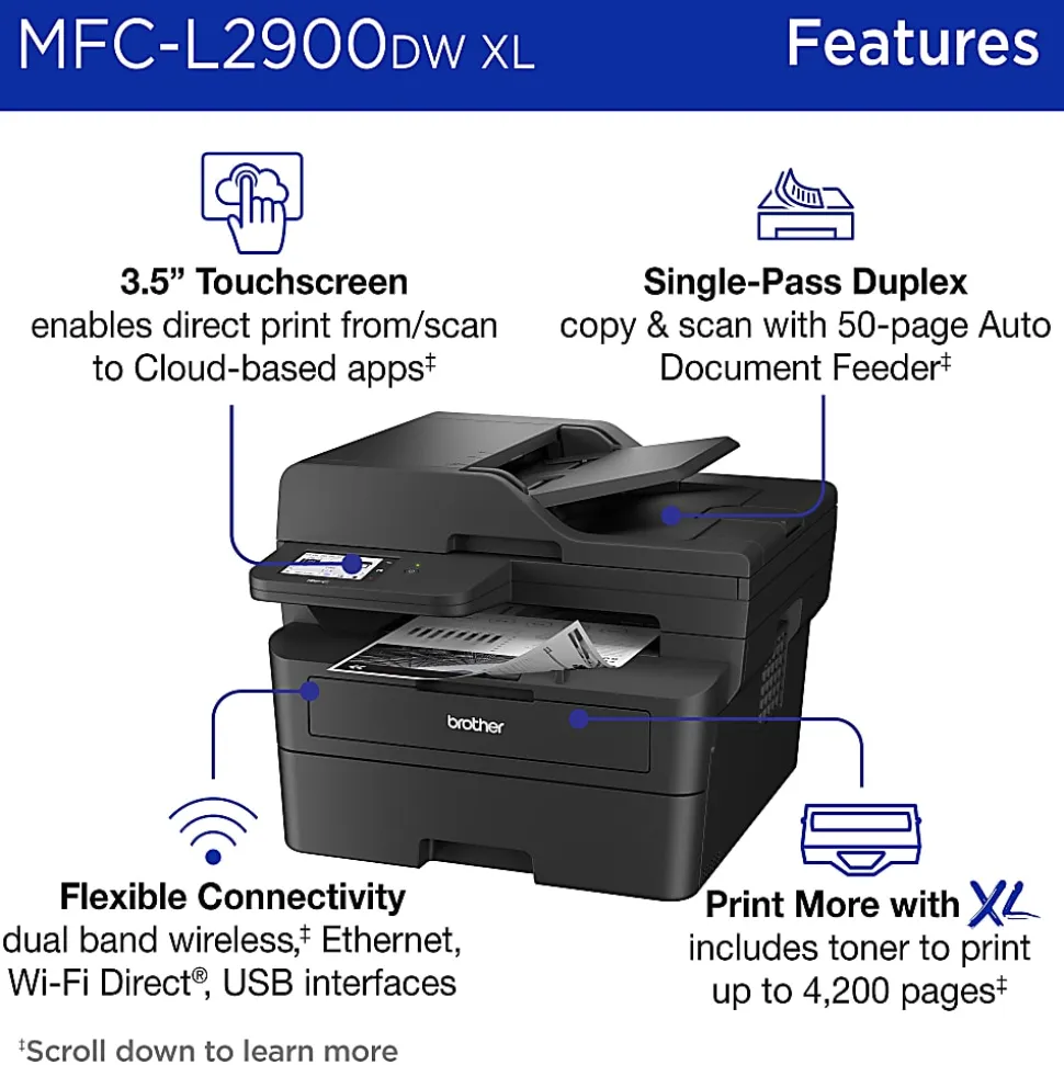 Brother MFC-L2900DW XL Wireless Compact Monochrome Laser Printer with Duplex, Mobile Printing