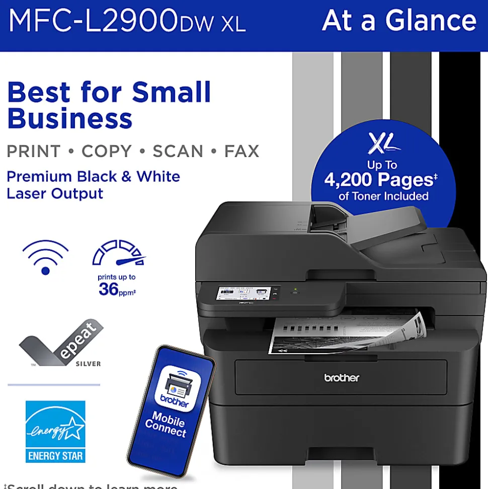 Brother MFC-L2900DW XL Wireless Compact Monochrome Laser Printer with Duplex, Mobile Printing
