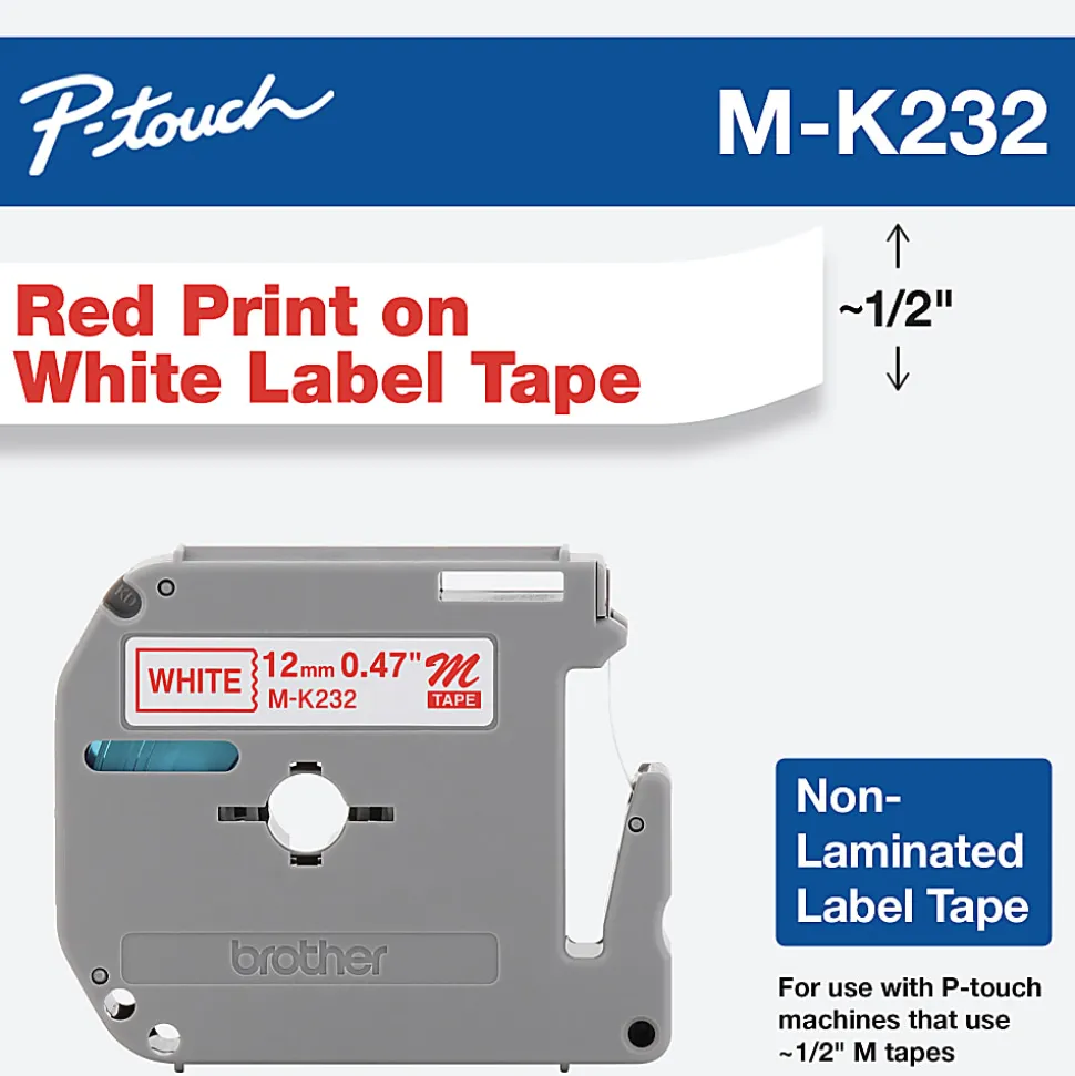 Brother MK-232 Red-On-White Tape, 0.5" x 26.2'