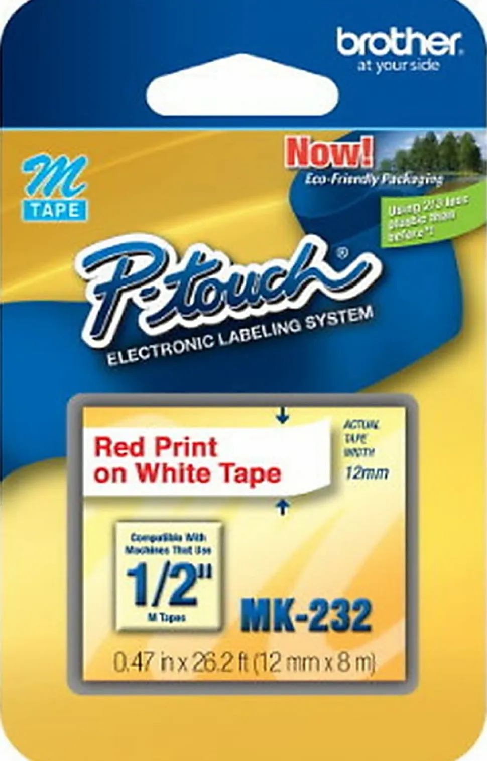 Brother MK-232 Red-On-White Tape, 0.5" x 26.2'