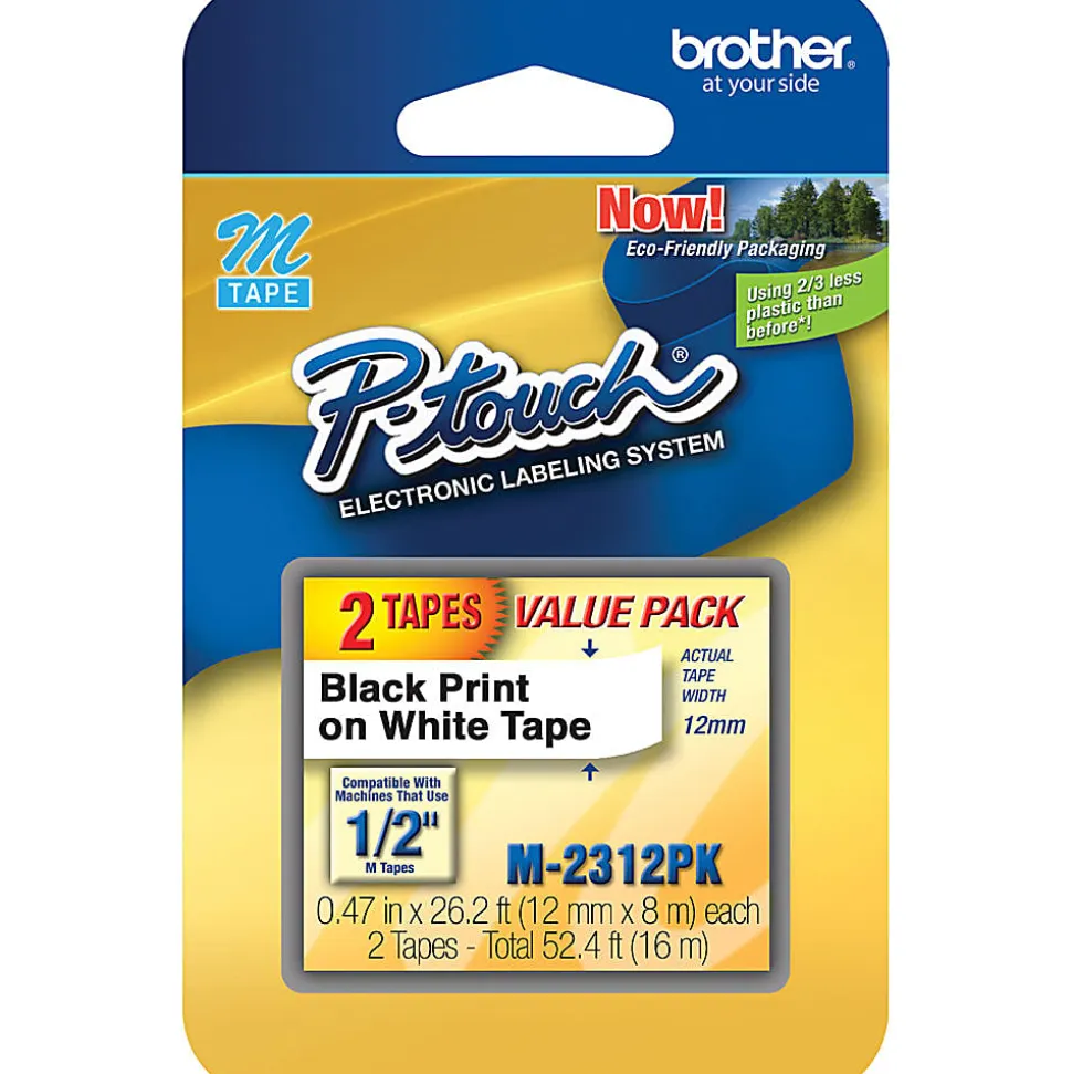 Brother M-2312PK Label Maker Tapes, 1/2" x 26 3/16', White, Pack Of 2