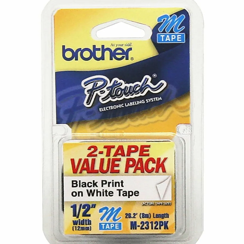 Brother M-2312PK Label Maker Tapes, 1/2" x 26 3/16', White, Pack Of 2