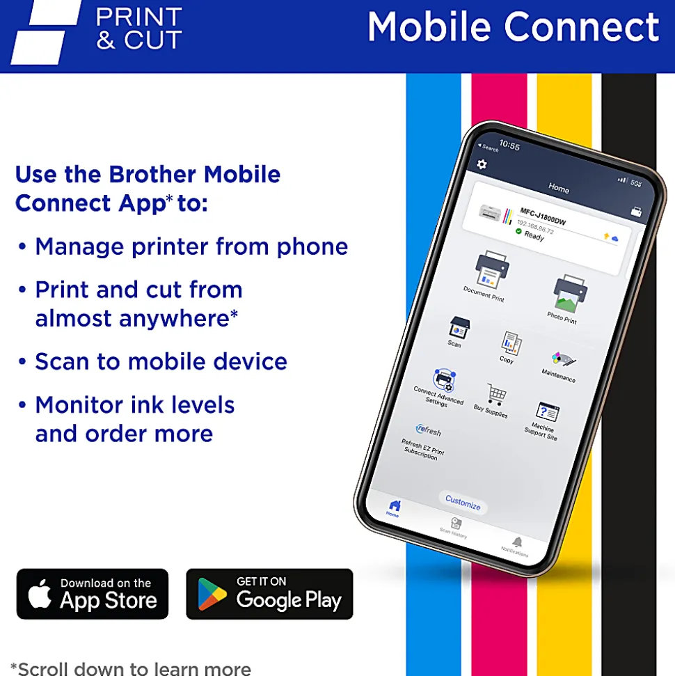 Brother Print & Cut MFC-J1800DW Wireless Inkjet Color All-in-One Printer With Automatic Paper Cutter And Refresh EZ Print Eligibility