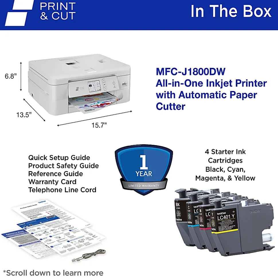 Brother Print & Cut MFC-J1800DW Wireless Inkjet Color All-in-One Printer With Automatic Paper Cutter And Refresh EZ Print Eligibility
