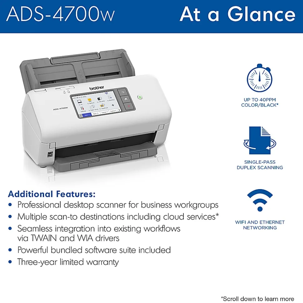 Brother Professional Wireless Desktop Scanner, ADS-4700W