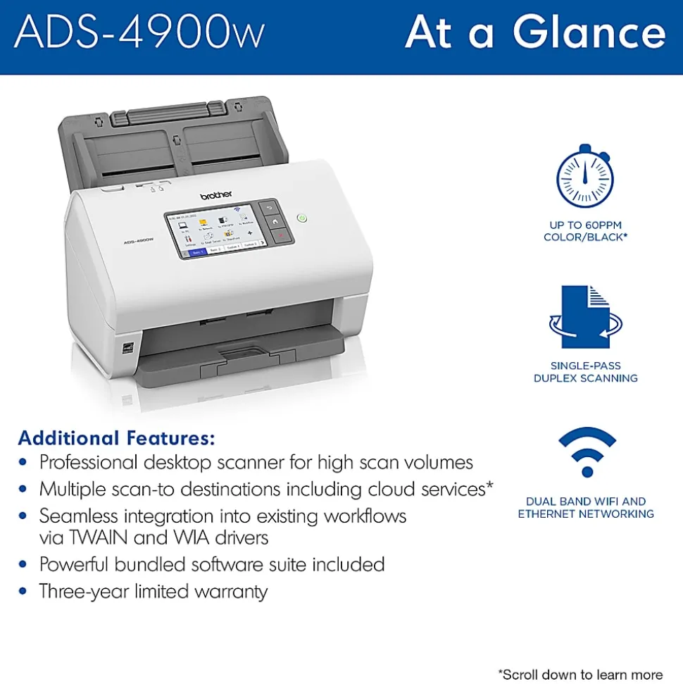 Brother Professional Wireless Desktop Scanner, ADS-4900W