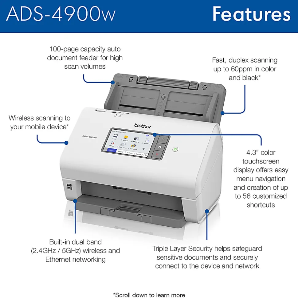 Brother Professional Wireless Desktop Scanner, ADS-4900W