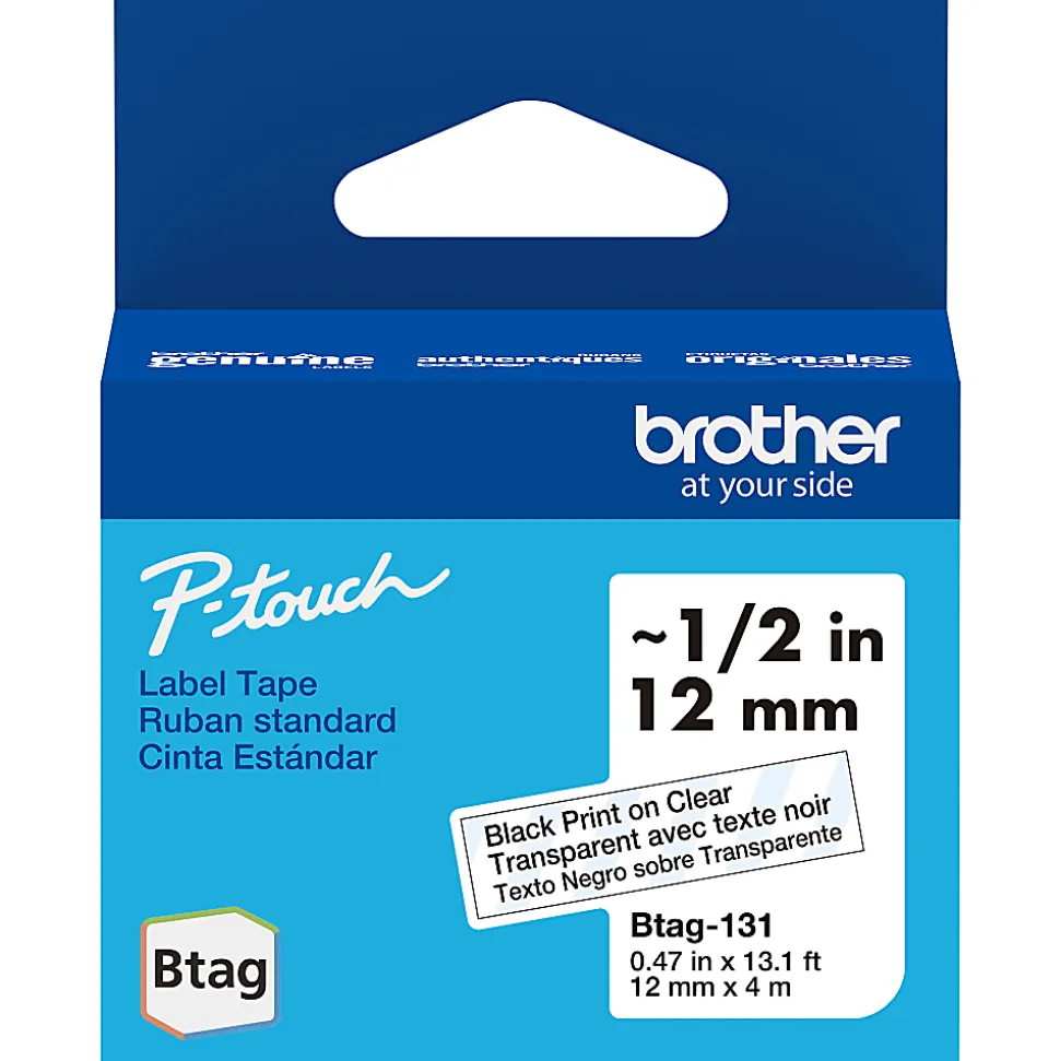 Brother P-touch Btag Black on Clear Label Tape (BTAG131), ~1/2 in x 13.1 ft (12 mm x 4 m)