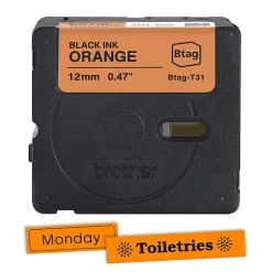 Brother P-touch Btag Black on Orange Label Tape (BTAGT31), ~1/2 in x 13.1 ft (12 mm x 4 m)