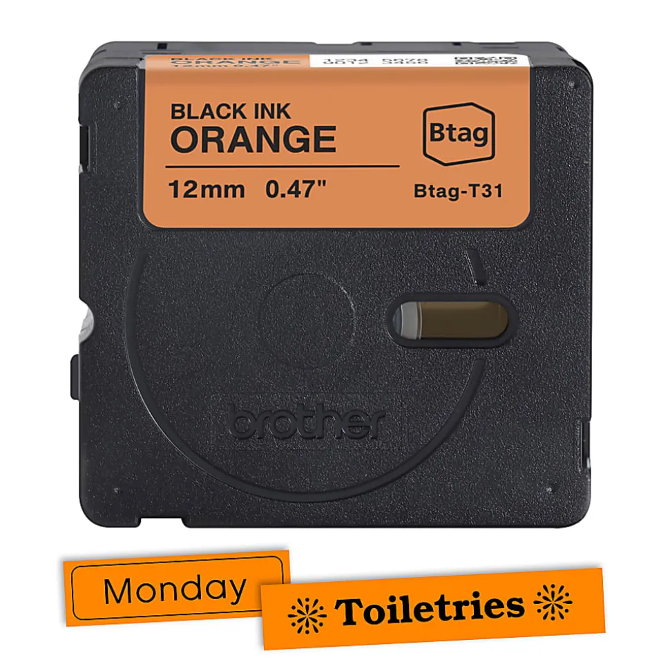 Brother P-touch Btag Black on Orange Label Tape (BTAGT31), ~1/2 in x 13.1 ft (12 mm x 4 m)