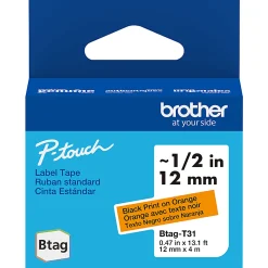 Brother P-touch Btag Black on Orange Label Tape (BTAGT31), ~1/2 in x 13.1 ft (12 mm x 4 m)