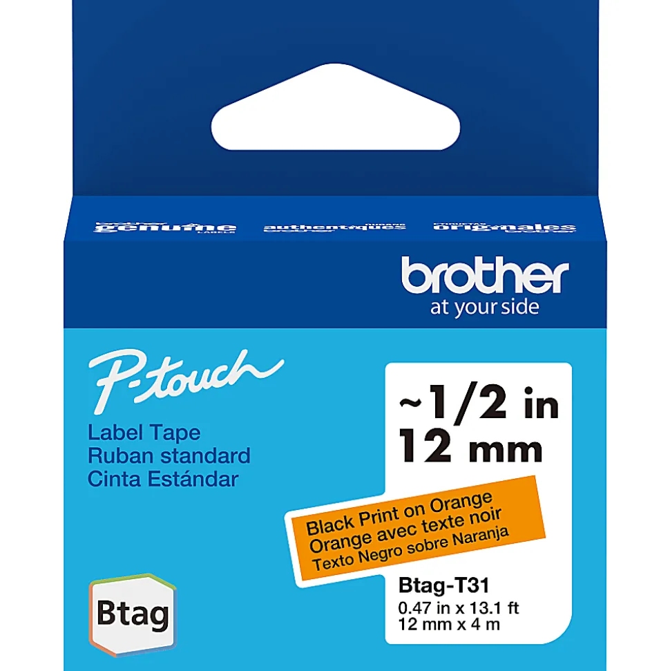 Brother P-touch Btag Black on Orange Label Tape (BTAGT31), ~1/2 in x 13.1 ft (12 mm x 4 m)