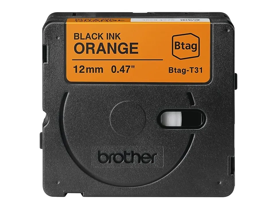 Brother P-touch Btag Black on Orange Label Tape (BTAGT31), ~1/2 in x 13.1 ft (12 mm x 4 m)