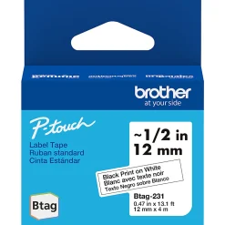 Brother P-touch Btag Black on White Label Tape (BTAG231), ~1/2 in x 13.1 ft (12 mm x 4 m)