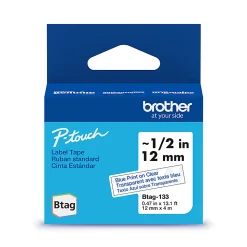 Brother P-touch Btag Blue on Clear Label Tape (BTAG133), ~1/2 in x 13.1 ft (12 mm x 4 m)