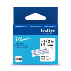 Brother P-touch Btag Blue on White Label Tape (BTAG233), ~1/2 in x 13.1 ft (12 mm x 4 m)