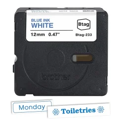 Brother P-touch Btag Blue on White Label Tape (BTAG233), ~1/2 in x 13.1 ft (12 mm x 4 m)