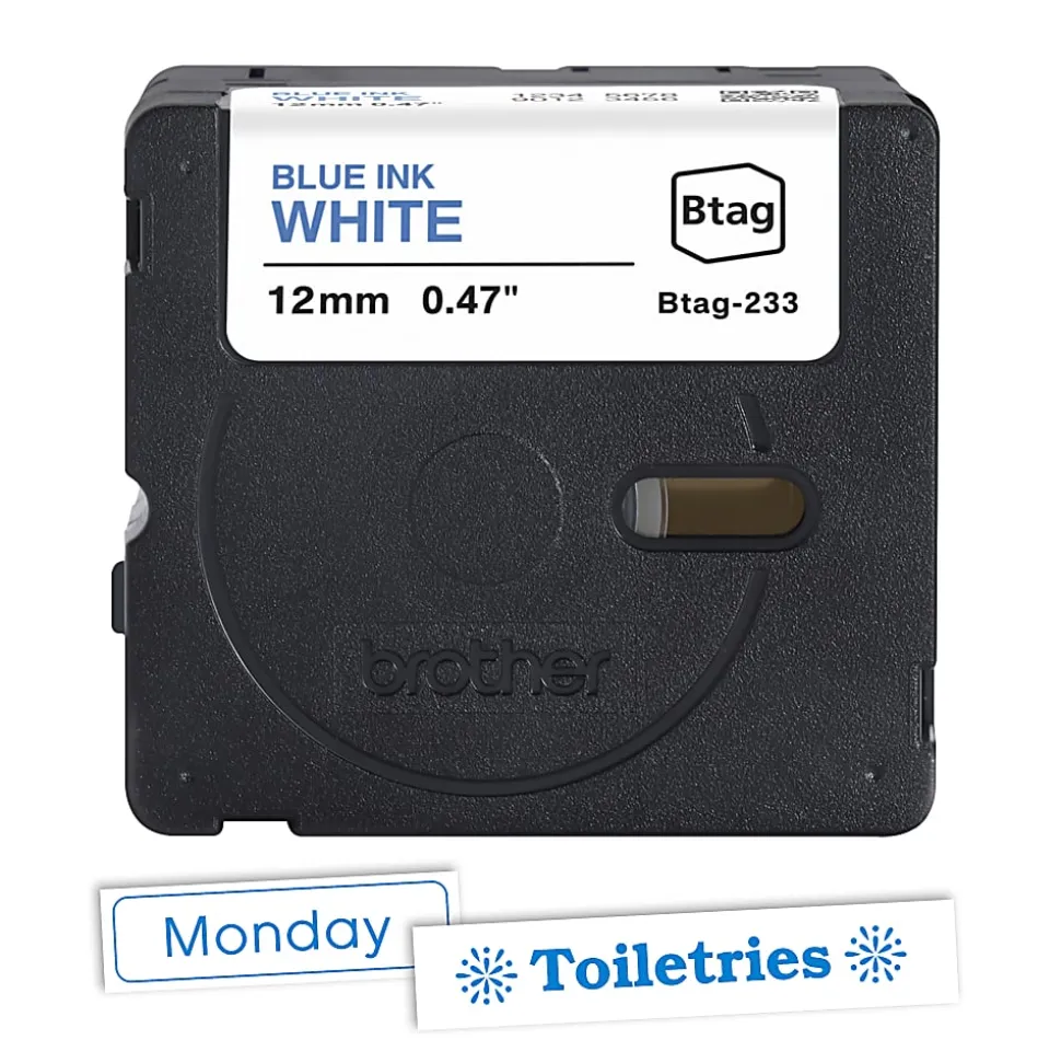 Brother P-touch Btag Blue on White Label Tape (BTAG233), ~1/2 in x 13.1 ft (12 mm x 4 m)