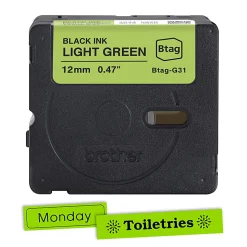 Brother P-touch Btag Label Tape, BTAGG31, 0.47 in by 13.1 ft, Black on Light Green