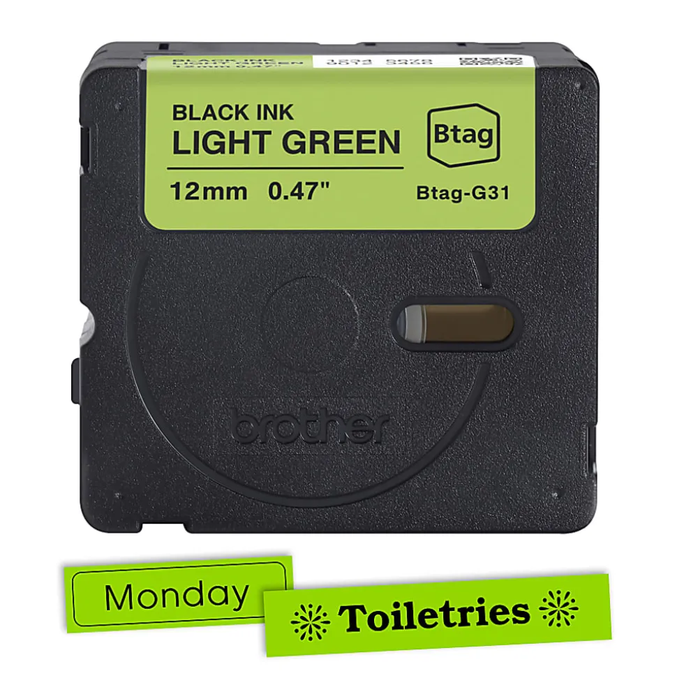 Brother P-touch Btag Label Tape, BTAGG31, 0.47 in by 13.1 ft, Black on Light Green