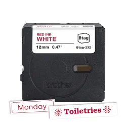 Brother P-touch Btag Red on White Label Tape (BTAG232), ~1/2 in x 13.1 ft (12 mm x 4 m)