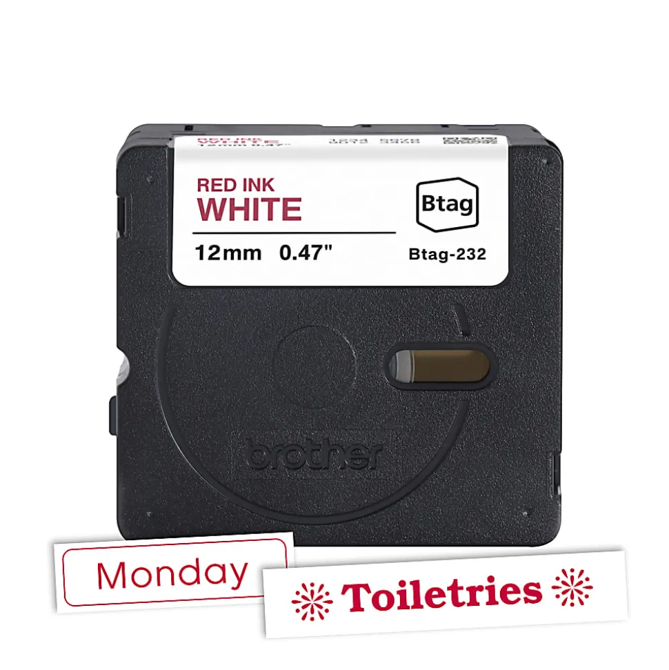 Brother P-touch Btag Red on White Label Tape (BTAG232), ~1/2 in x 13.1 ft (12 mm x 4 m)