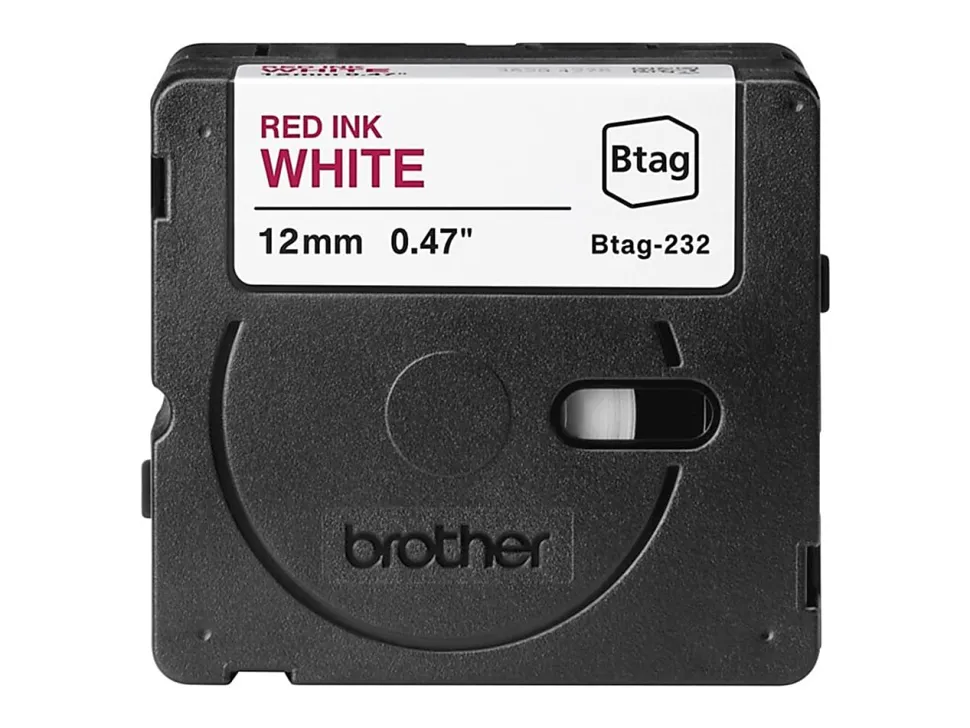Brother P-touch Btag Red on White Label Tape (BTAG232), ~1/2 in x 13.1 ft (12 mm x 4 m)