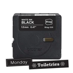 Brother P-touch Btag White on Black Label Tape (BTAG335), ~1/2 in x 13.1 ft (12 mm x 4 m)