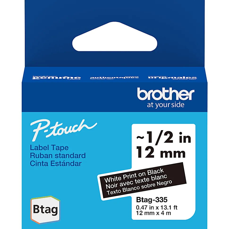 Brother P-touch Btag White on Black Label Tape (BTAG335), ~1/2 in x 13.1 ft (12 mm x 4 m)