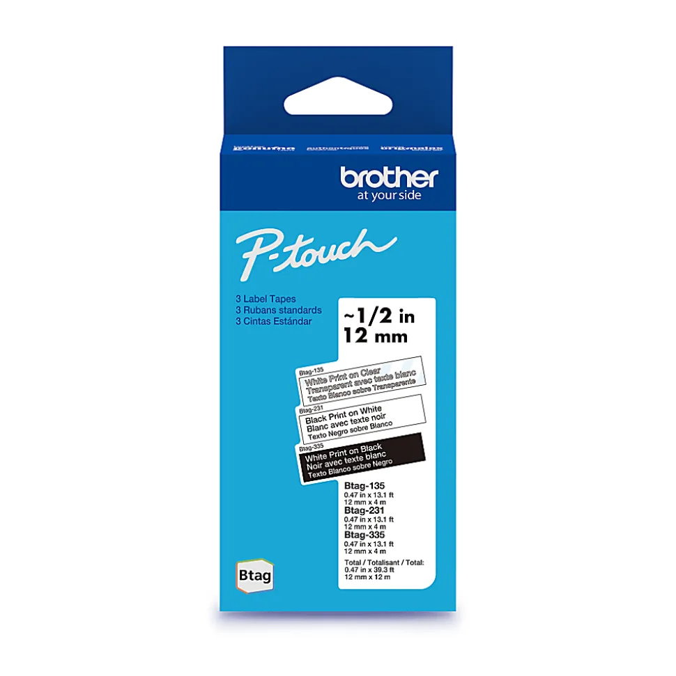 Brother P-touch Btag White on Clear, Black on White, White on Black Label Tape (BTAG3M01), ~1/2 in x 13.1 ft (12 mm x 4 m), 3-pack
