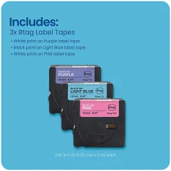 Brother P-touch Btag White on Purple, Black on Light Blue, White on Pink (BTAG3M02), ~1/2 in x 13.1 ft (12 mm x 4 m), 3-pack