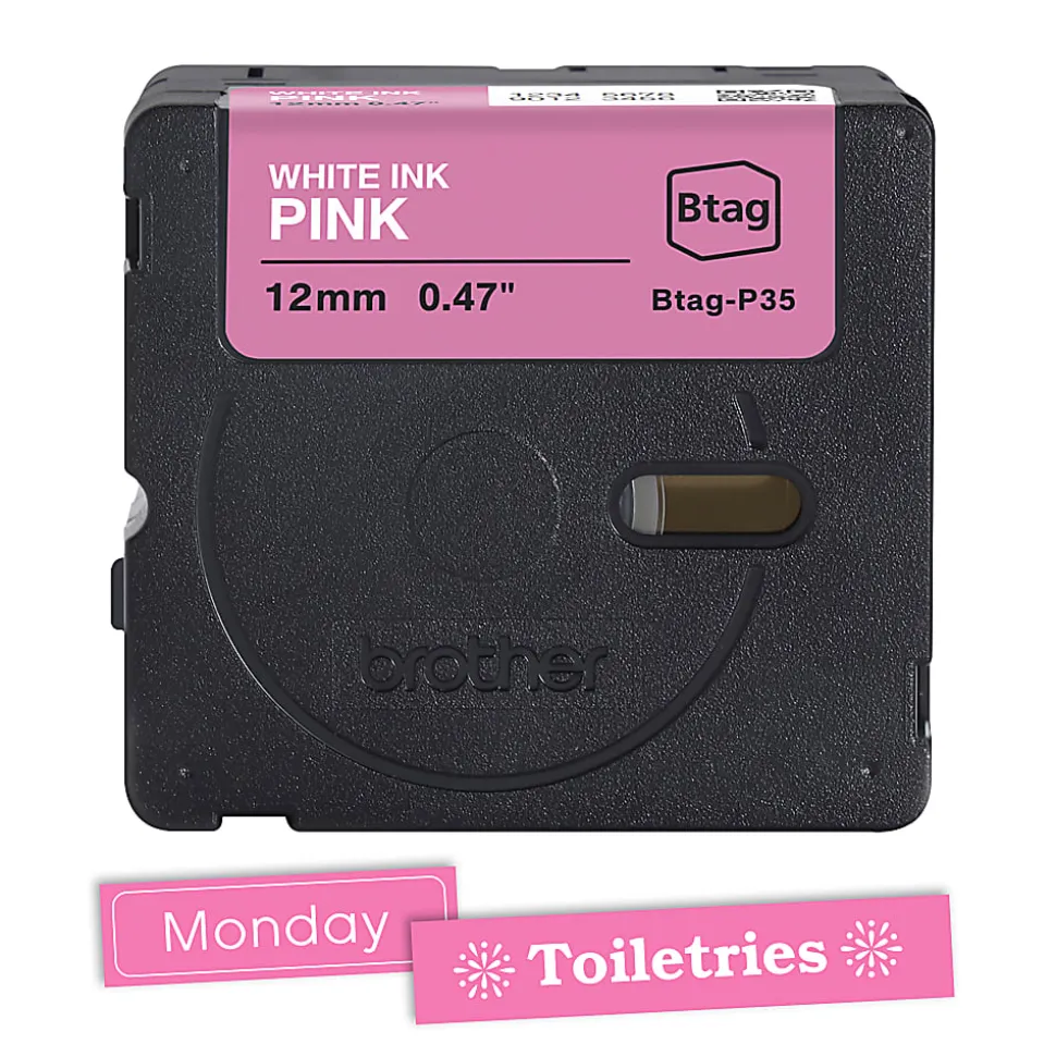 Brother P-touch Btag White on Pink Label Tape (BTAGP35), ~1/2 in x 13.1 ft (12 mm x 4 m)