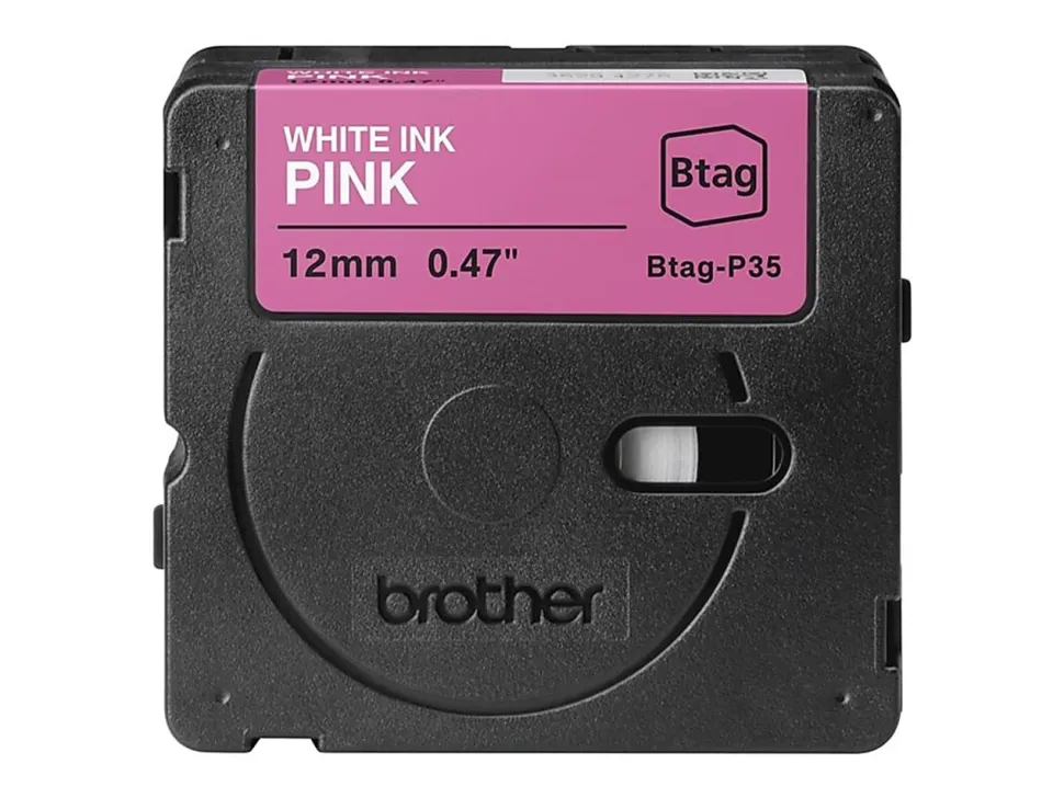 Brother P-touch Btag White on Pink Label Tape (BTAGP35), ~1/2 in x 13.1 ft (12 mm x 4 m)