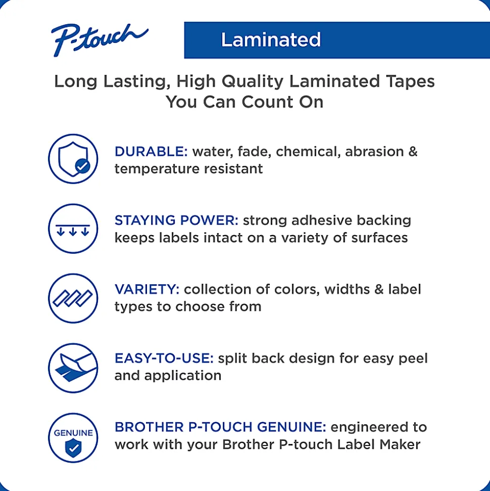Brother P-Touch Label Maker Tape, Black/White, Pack Of 8 Rolls