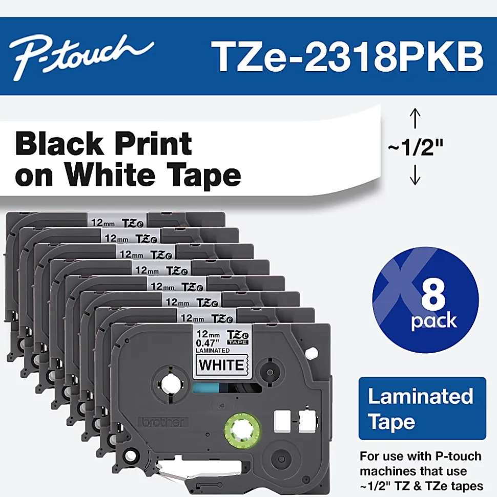 Brother P-Touch Label Maker Tape, Black/White, Pack Of 8 Rolls