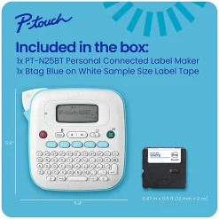 Brother P-touch Personal Connected Label Maker (PT-N25BT), Prints on P-touch Btag ~½” (12mm) Label Tapes