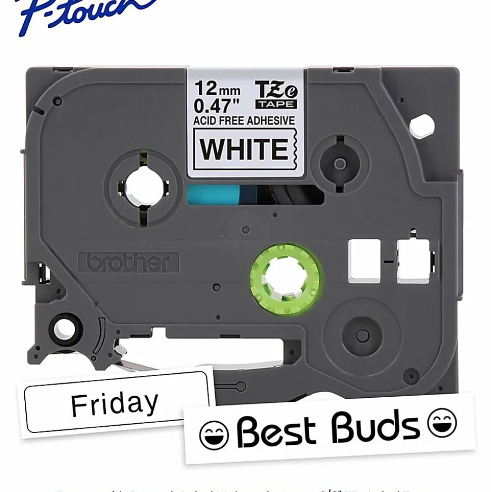 Brother P-touch TZeAF231, Acid-Free Laminated, ~1/2in (12mm) x 26.2ft (8m), Black on White Label Tape