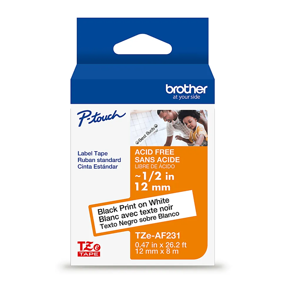 Brother P-touch TZeAF231, Acid-Free Laminated, ~1/2in (12mm) x 26.2ft (8m), Black on White Label Tape