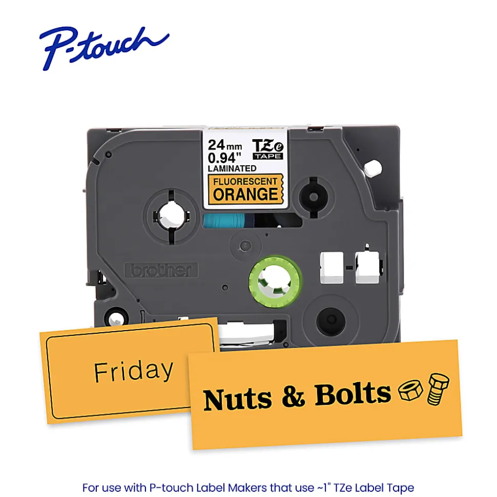 Brother P-Touch TZeB51, Laminated, ~1in x 16.4ft (24mm x 5m), Black on Fluorescent Orange Label Tape