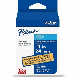 Brother P-Touch TZeB51, Laminated, ~1in x 16.4ft (24mm x 5m), Black on Fluorescent Orange Label Tape