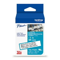 Brother P-touch TZeFX251G, Flexible ID Laminated, ~1in x 26.2ft (24mm x 8m), Black on White Label Tape