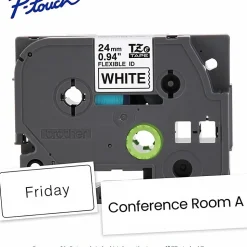 Brother P-touch TZeFX251G, Flexible ID Laminated, ~1in x 26.2ft (24mm x 8m), Black on White Label Tape