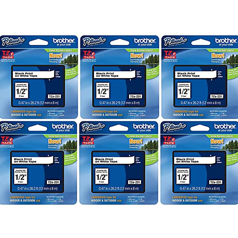 Brother P-Touch TZe-231 Label Tape, 1/2" x 26-1/4', White/Black, Pack Of 6 Rolls