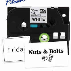Brother P-Touch TZe261, Laminated, ~1-1/2in x 26.2ft (36mm x 8m), Black on White Label Tape