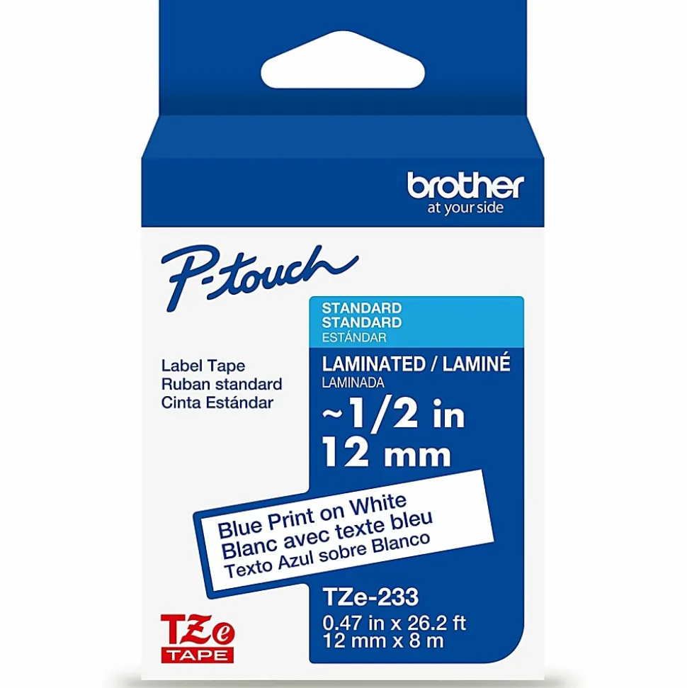 Brother P-touch TZe233, Laminated, 1/2" x 26.2 ft (12mm x 8m), Blue on White Label Tape