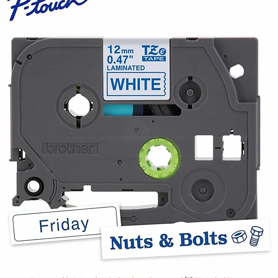 Brother P-touch TZe233, Laminated, 1/2" x 26.2 ft (12mm x 8m), Blue on White Label Tape