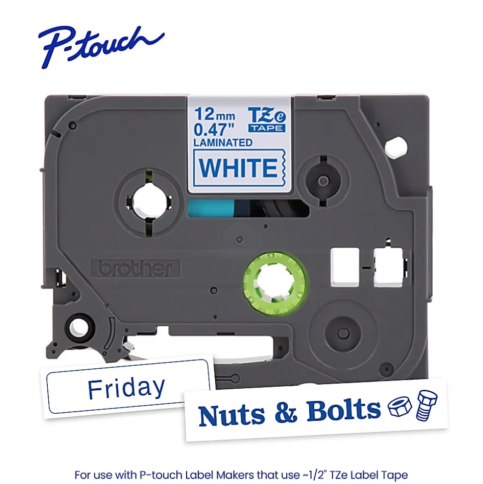 Brother P-touch TZe233, Laminated, 1/2" x 26.2 ft (12mm x 8m), Blue on White Label Tape