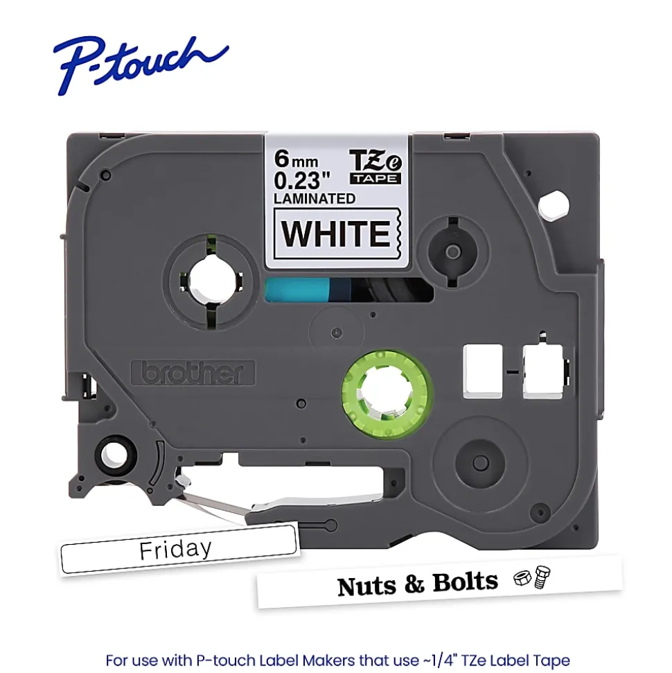 Brother P-touch TZe211 Laminated Label Tape, 1/4" x 26.2 ft (6mm x 8m), Black on White